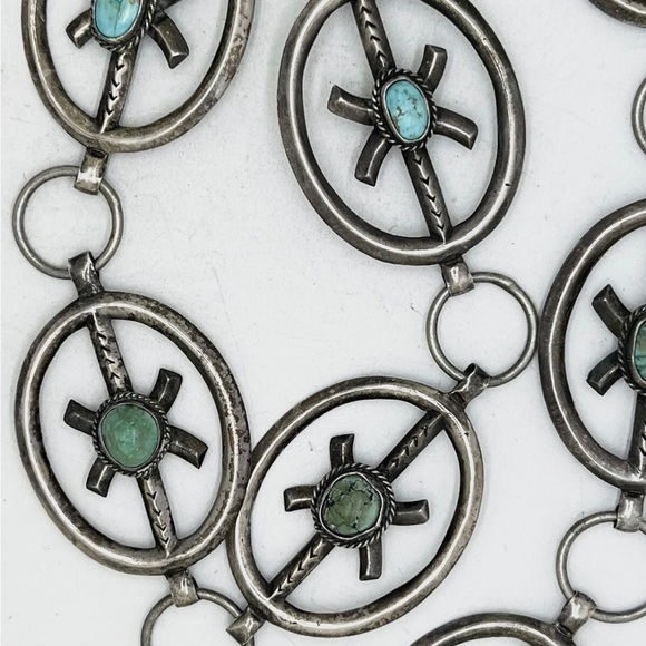 Old Pawn Sand Cast Navajo Sterling Royston Turquoise Belt 36”/ 219.5 grams - Picture 3 of 8